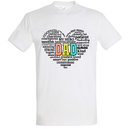 Tricou DAD Word Cloud cu Inimă – Cadou de Ziua Tatălui cu Text în Engleză